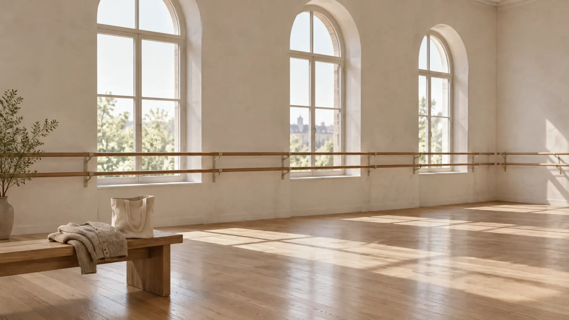 An empty sunlit dance studio with a wooden barre and tall arched windows