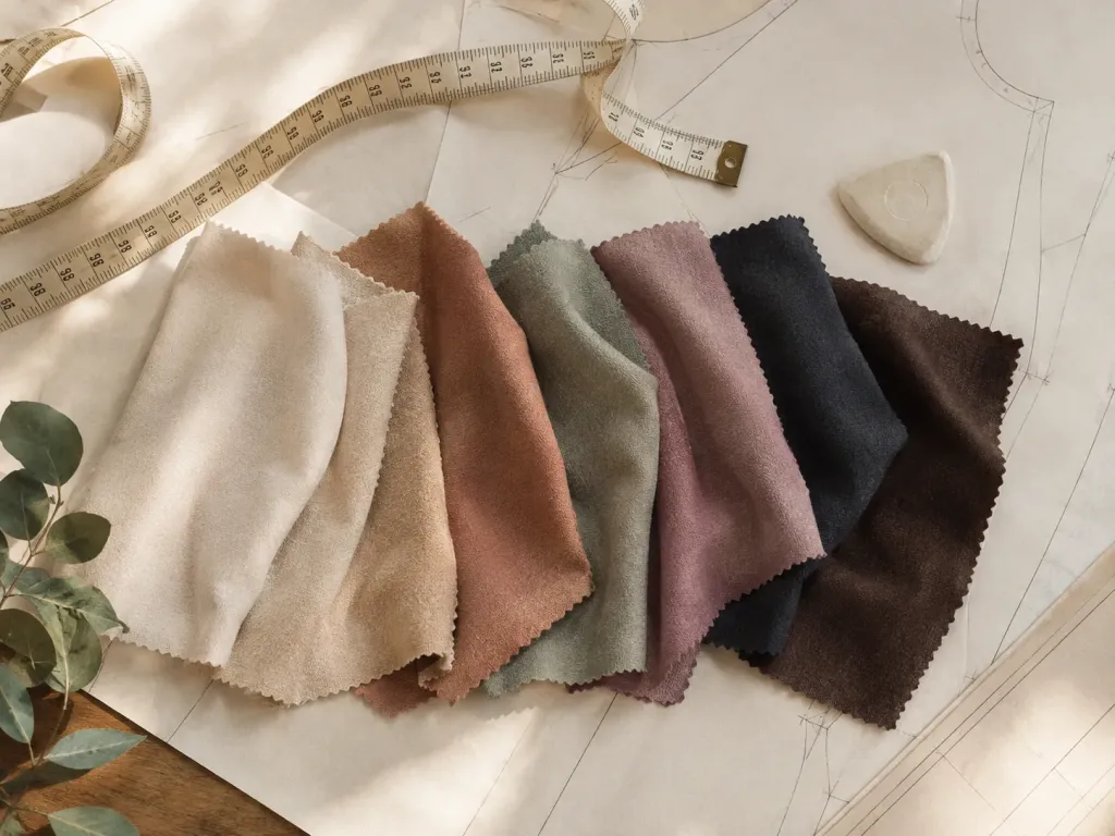 Fabric swatches in the FOLDREN colour palette with a tape measure