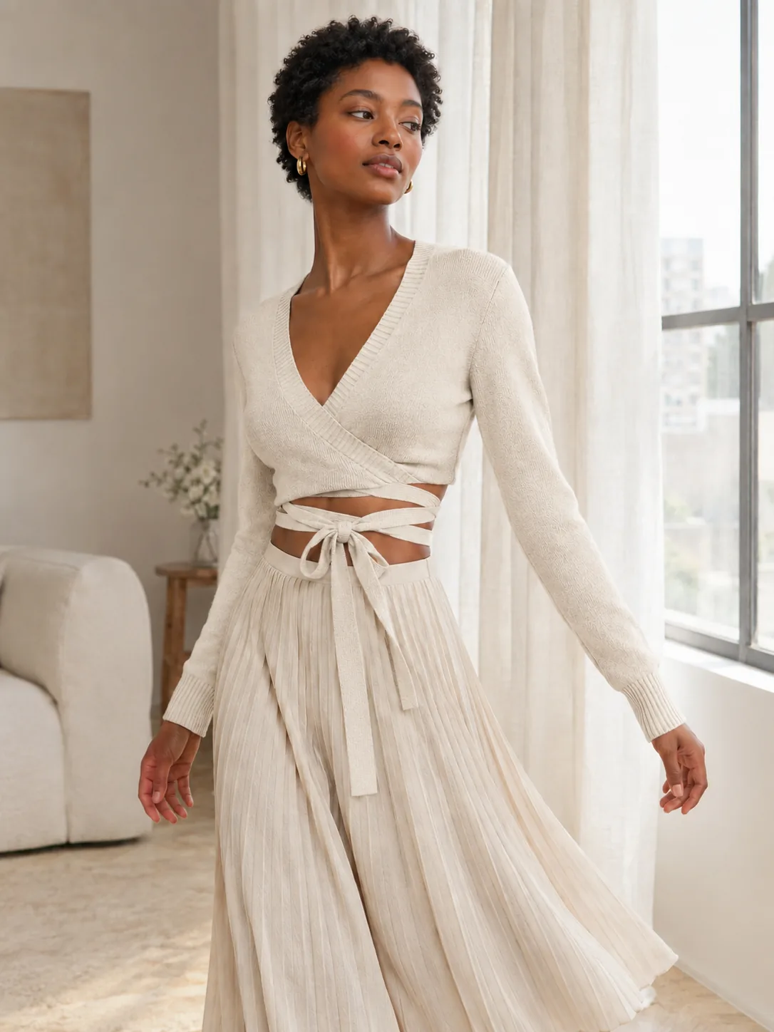Adagio Cropped Wrap Knit in Chalk — worn