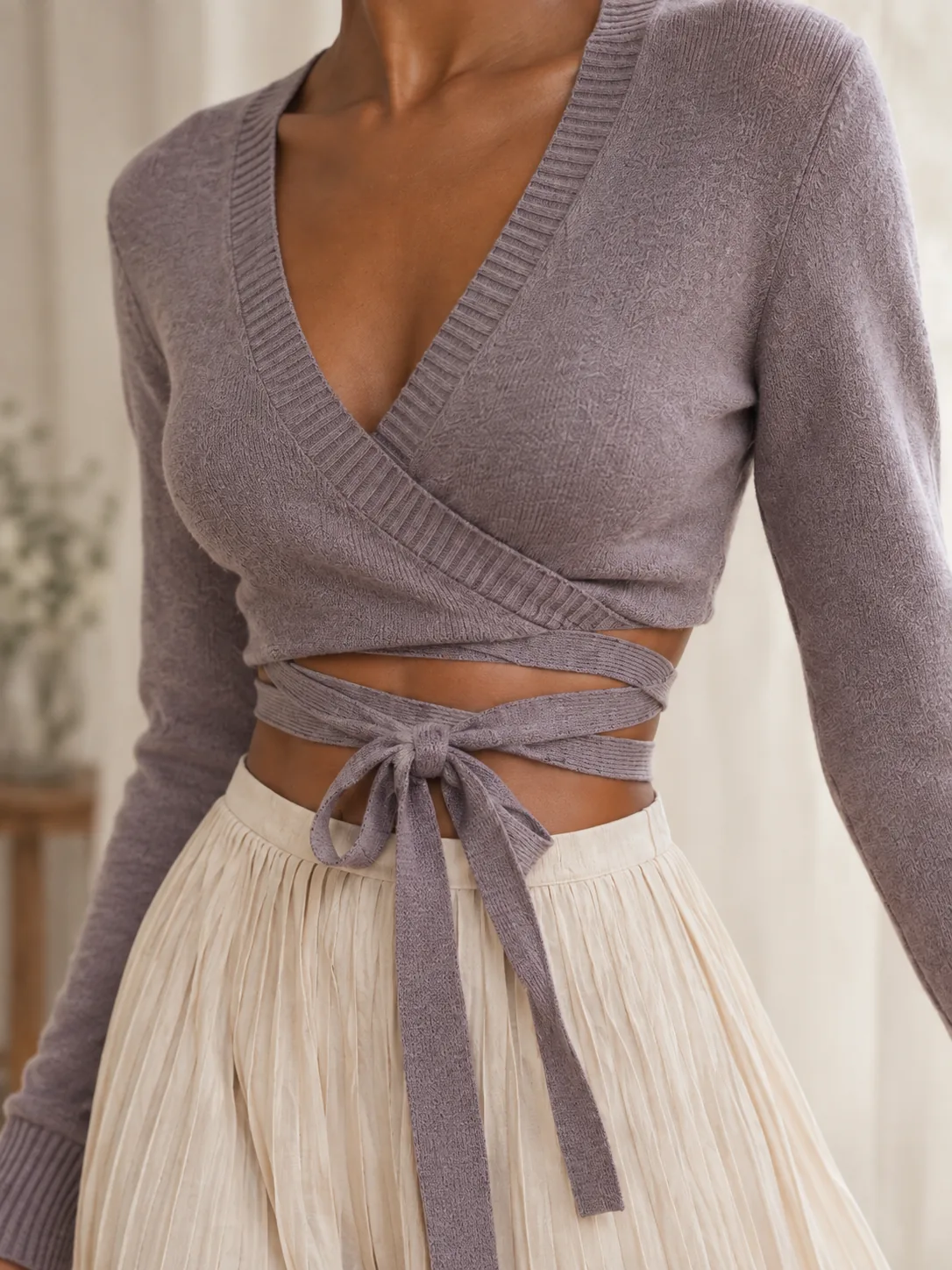 Adagio Cropped Wrap Knit in Dusk — detail