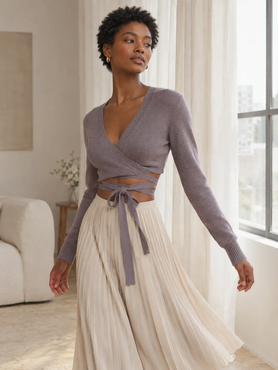 Adagio Cropped Wrap Knit in Dusk — worn