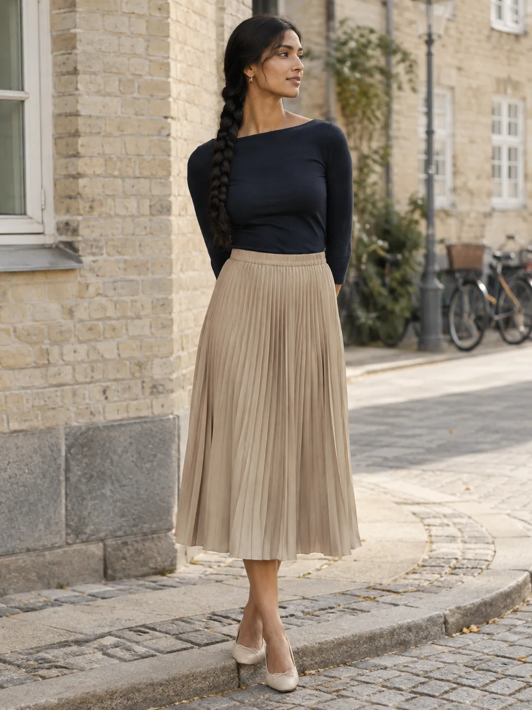 Balancé Pleated Midi Skirt in Oat — worn