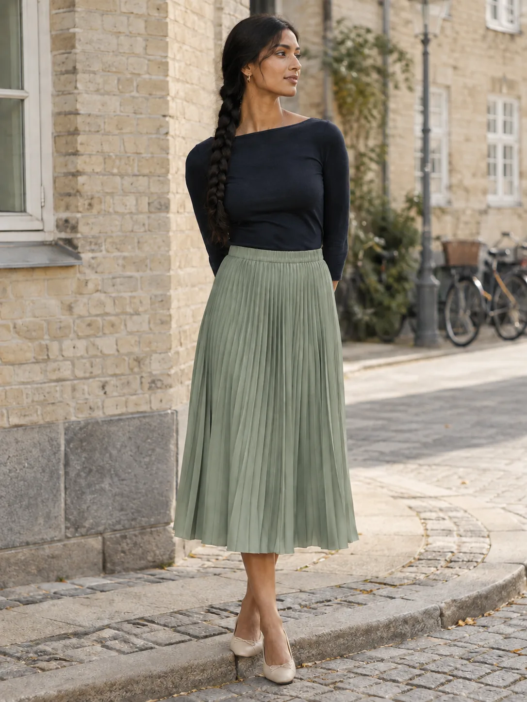 Balancé Pleated Midi Skirt in Sage — worn