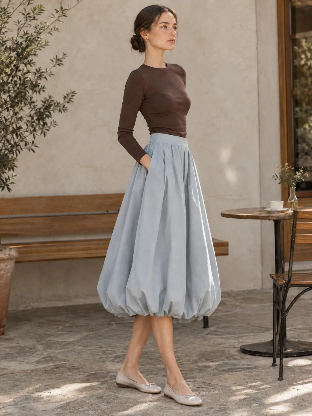 Ballon Bubble-Hem Skirt in Mist — side view