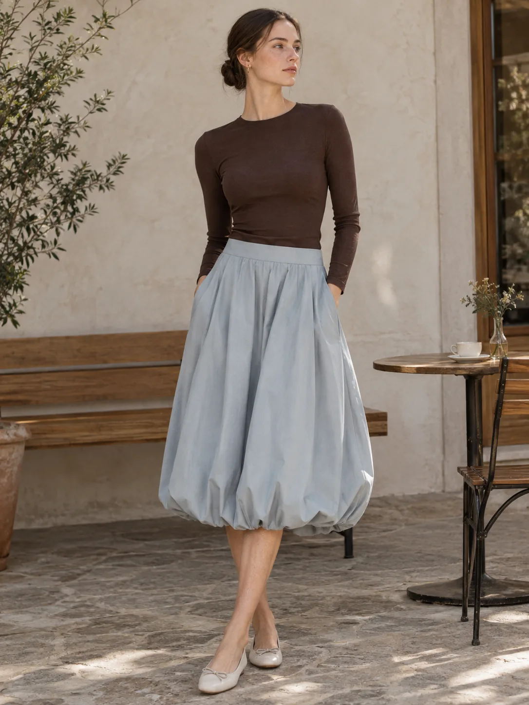 Ballon Bubble-Hem Skirt in Mist — worn