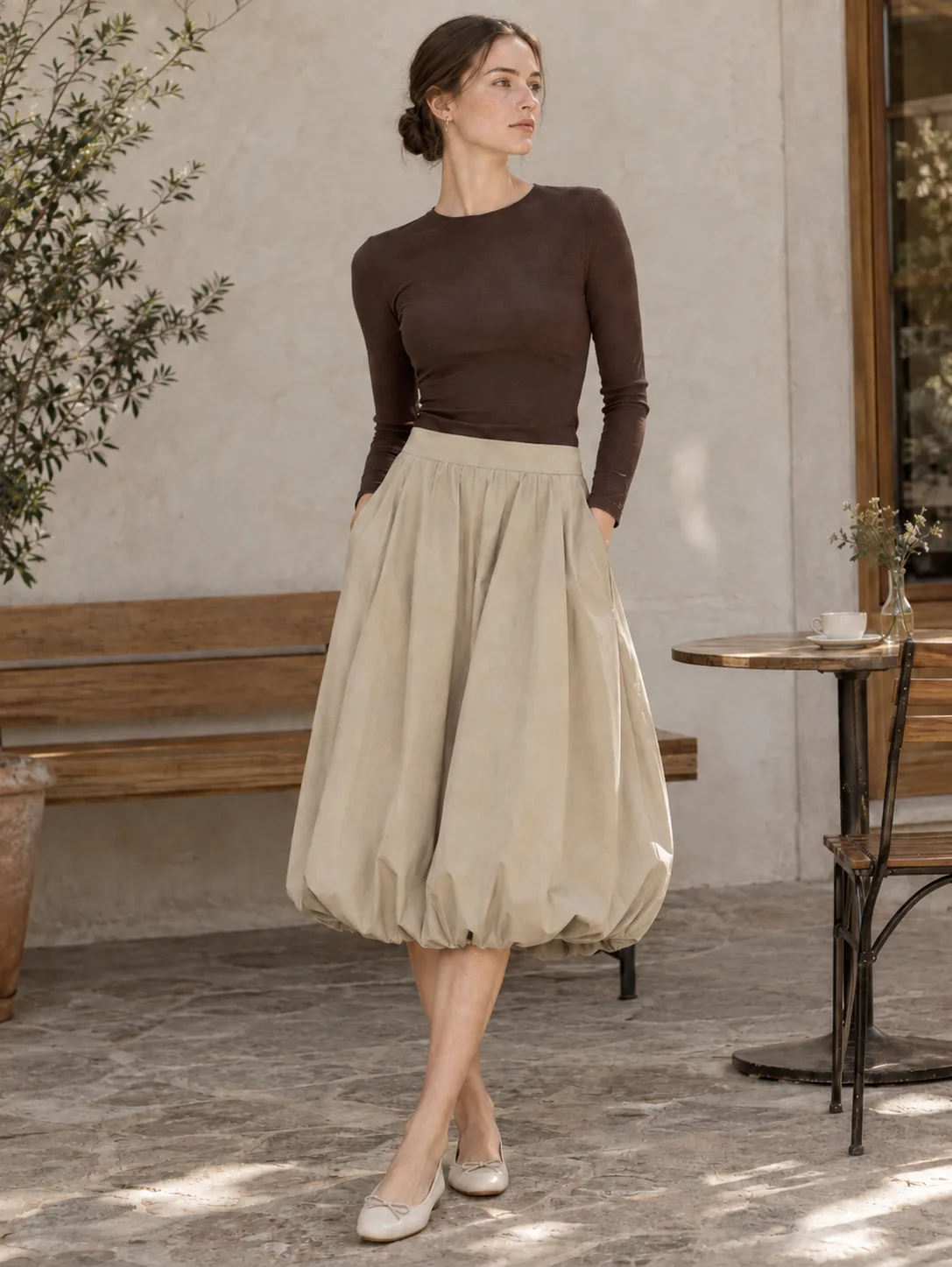 Ballon Bubble-Hem Skirt in Oat — worn