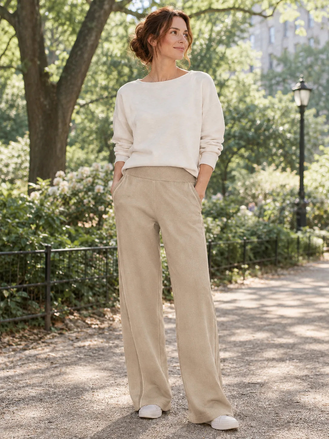 Brushed Lounge Trouser in Oat — worn