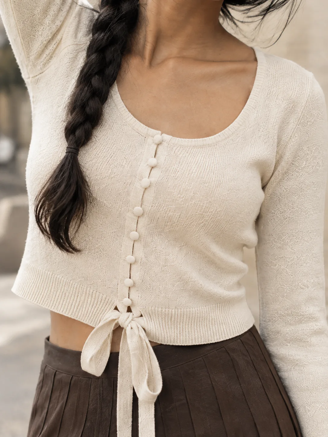 Cooldown Tie-Hem Cardigan in Chalk — detail