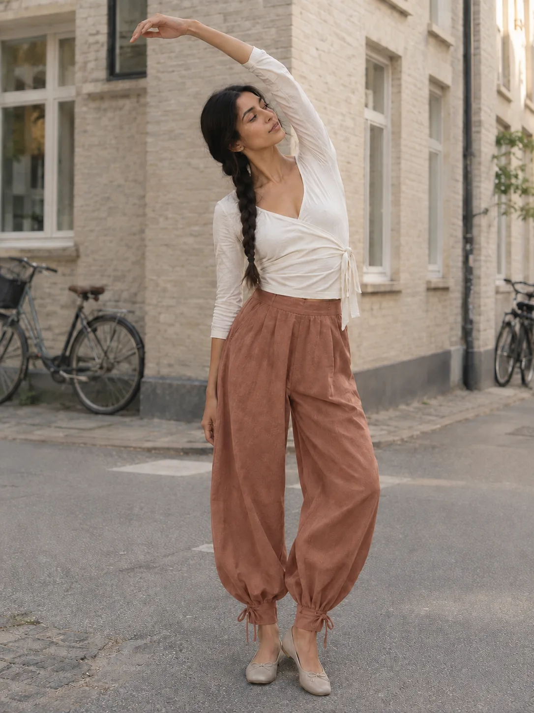 Cuff-Tie Balloon Trouser in Clay — worn
