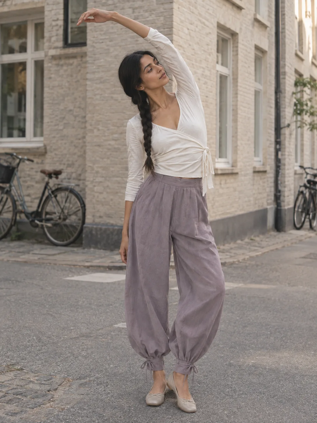 Cuff-Tie Balloon Trouser in Dusk — worn