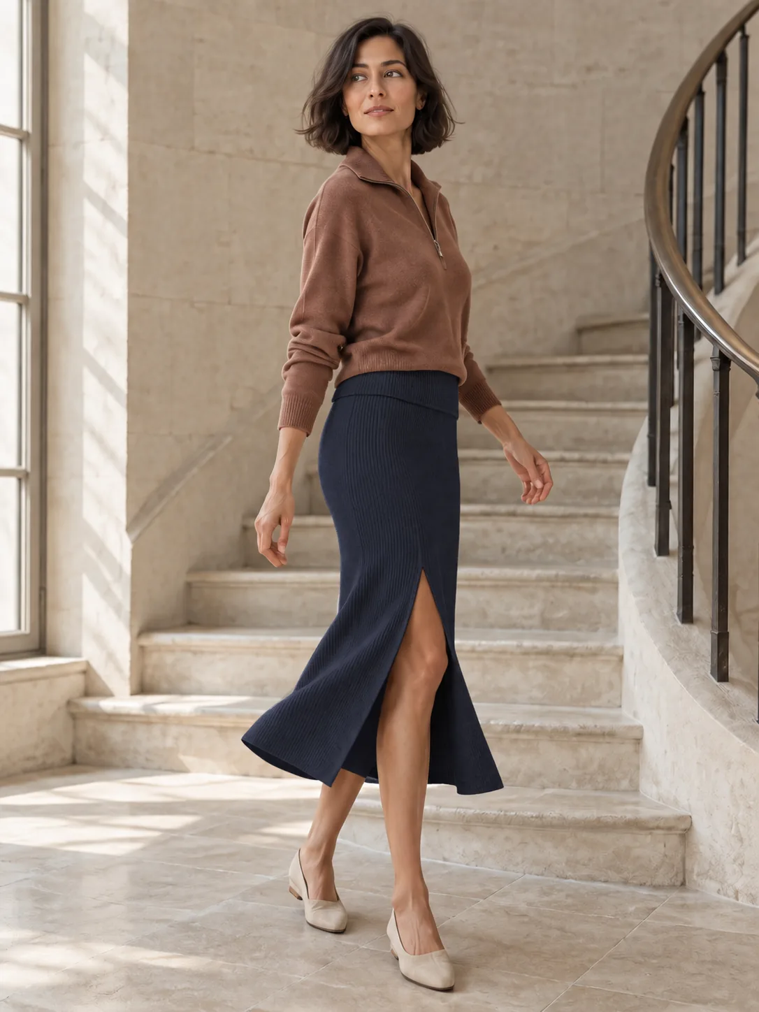 Développé Split-Front Rib Skirt in Ink — worn