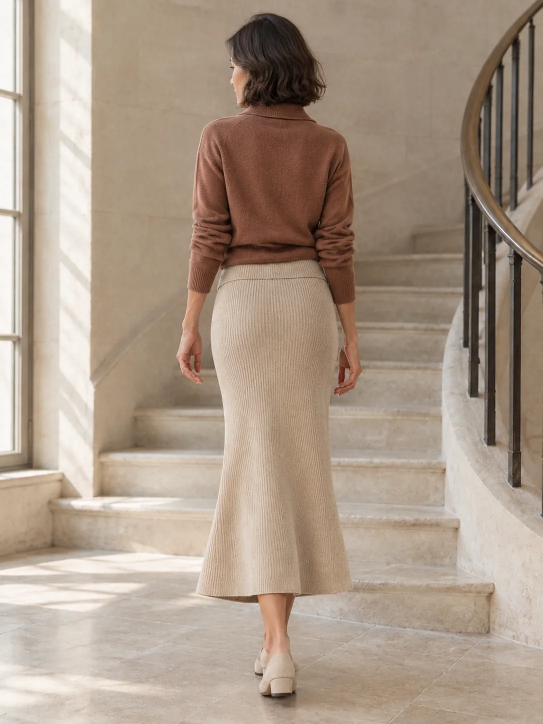 Développé Split-Front Rib Skirt in Oat — back view