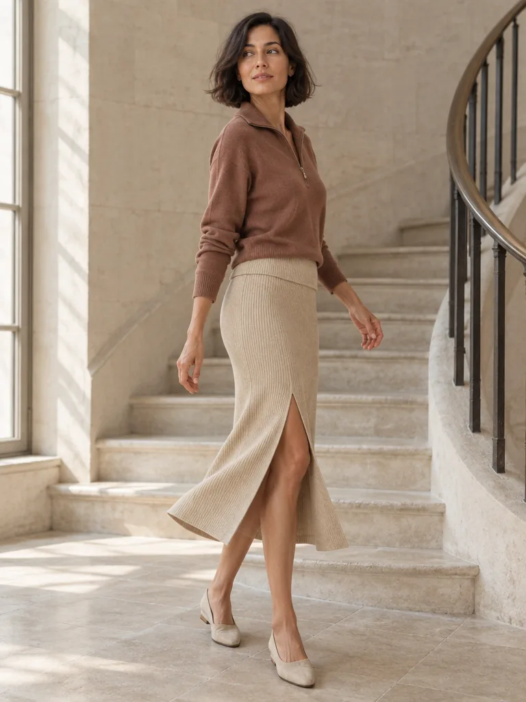 Développé Split-Front Rib Skirt in Oat — worn