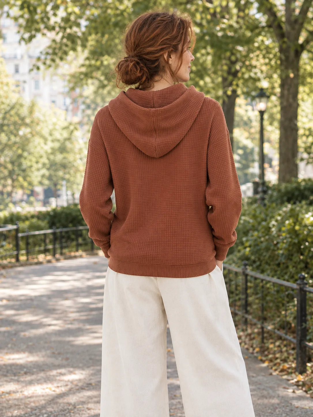 Encore Crossover Waffle Hoodie in Clay — back view