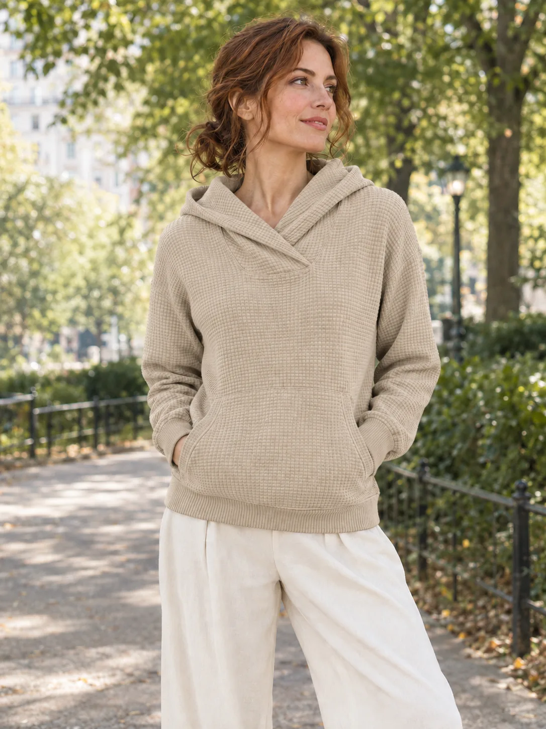 Encore Crossover Waffle Hoodie in Oat — worn
