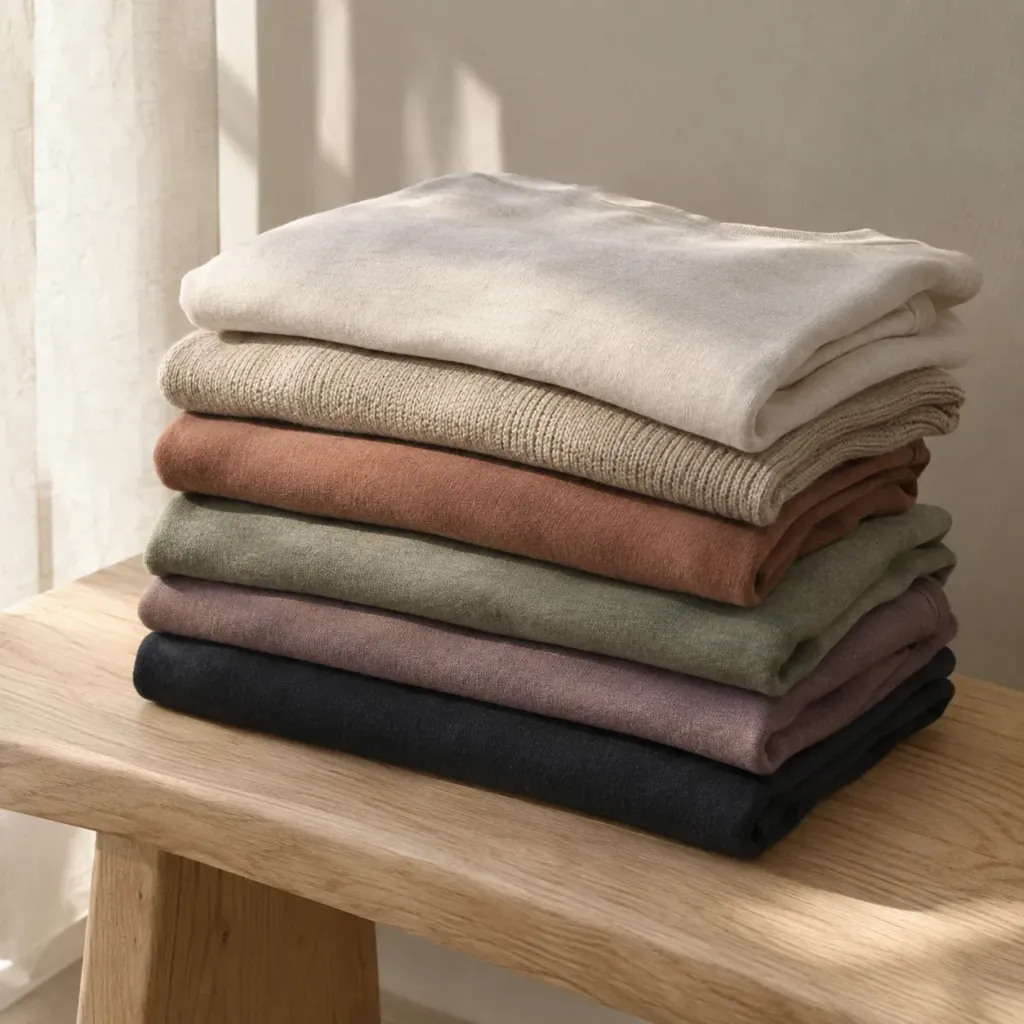 Gefaltete Jersey- und Strickteile in Kreide, Hafer, Lehm, Salbei und Tinte