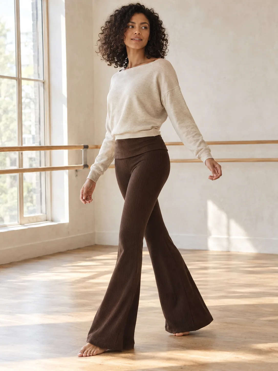 Fold-Over Waist Flare in Espresso — worn