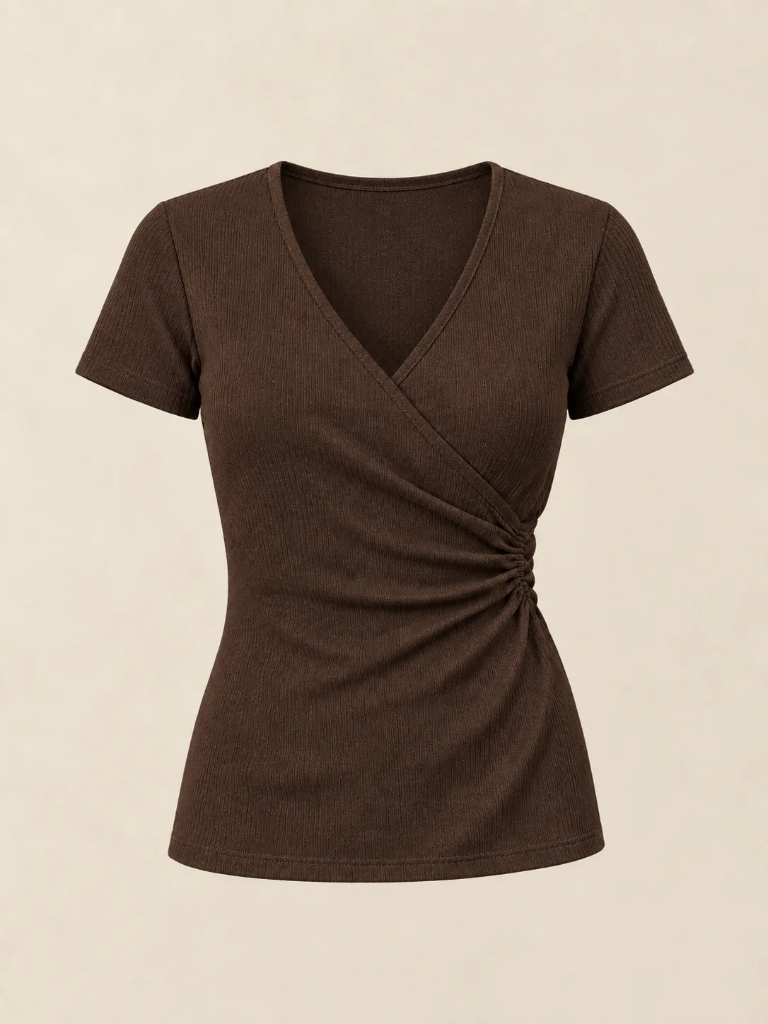 Fondu Ribbed Faux-Wrap Tee in Espresso — front view