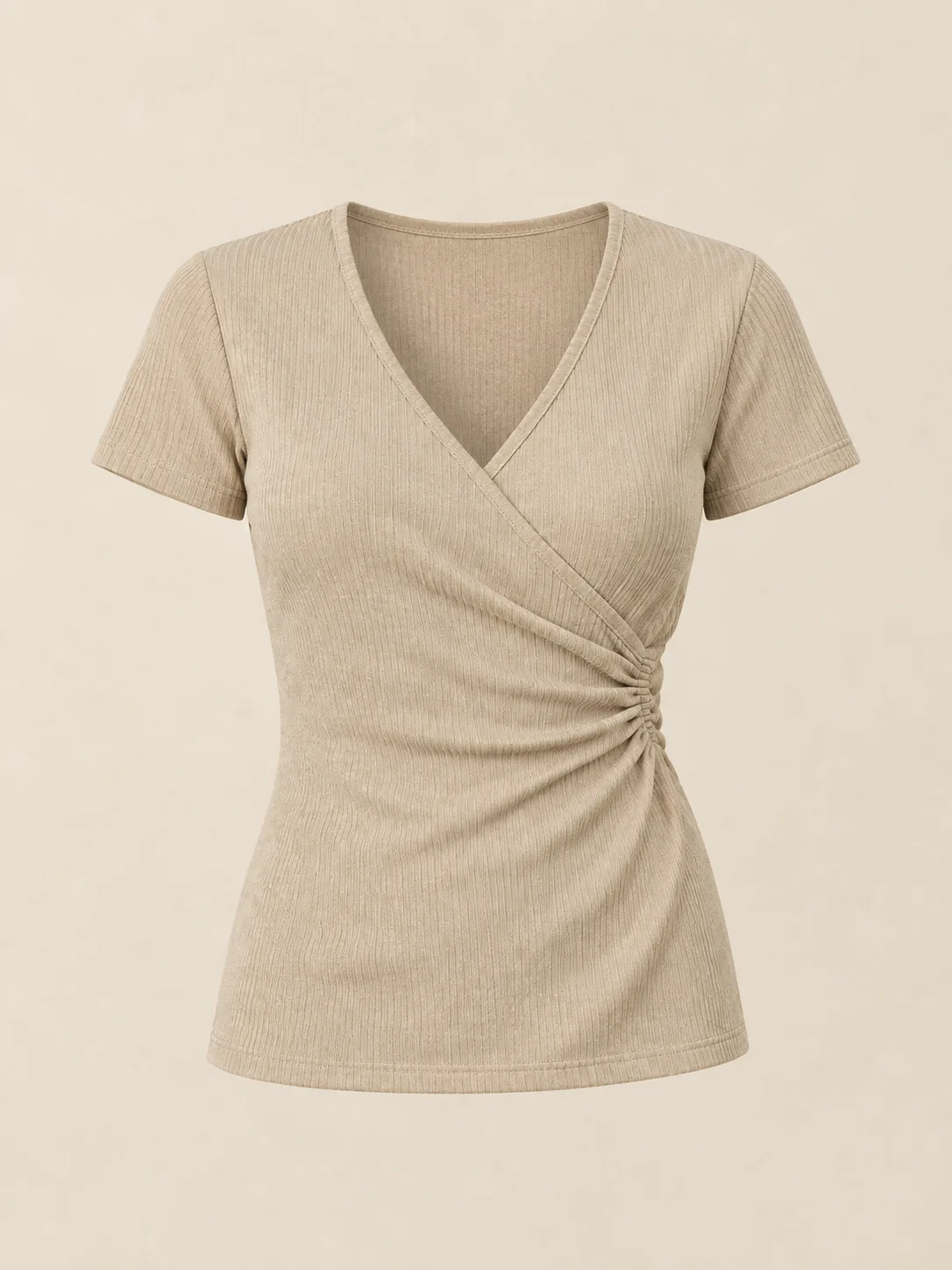 Fondu Ribbed Faux-Wrap Tee in Oat — front view