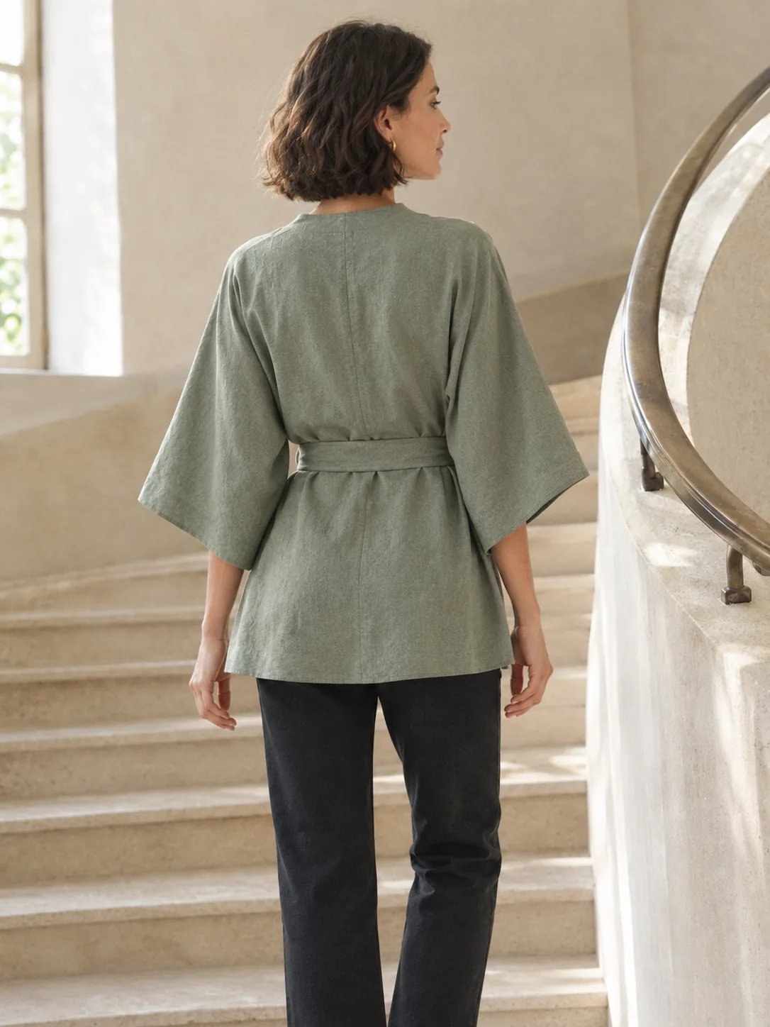 Glissade Kimono-Sleeve Wrap in Sage — back view