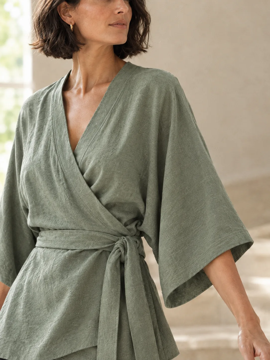 Glissade Kimono-Sleeve Wrap in Sage — detail