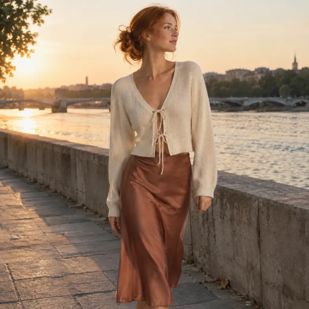 En cropped cardigan over en skråskåret nederdel i den gyldne time