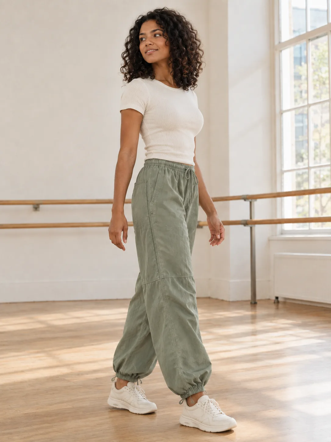 Parachute Drawstring Pant in Sage — side view