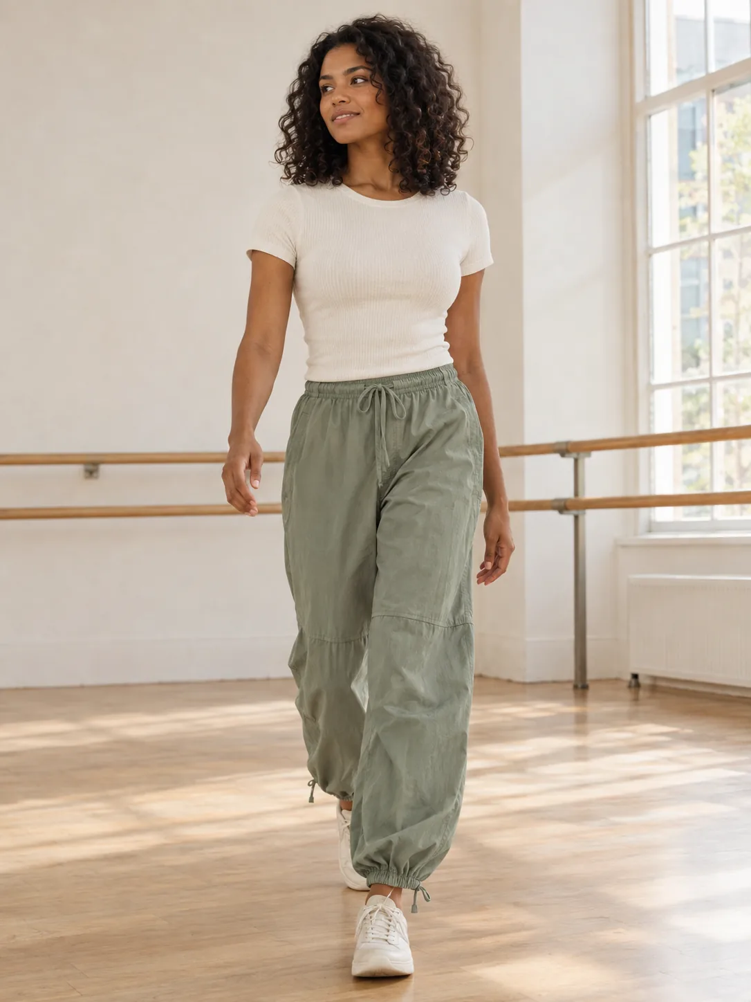 Parachute Drawstring Pant in Sage — worn