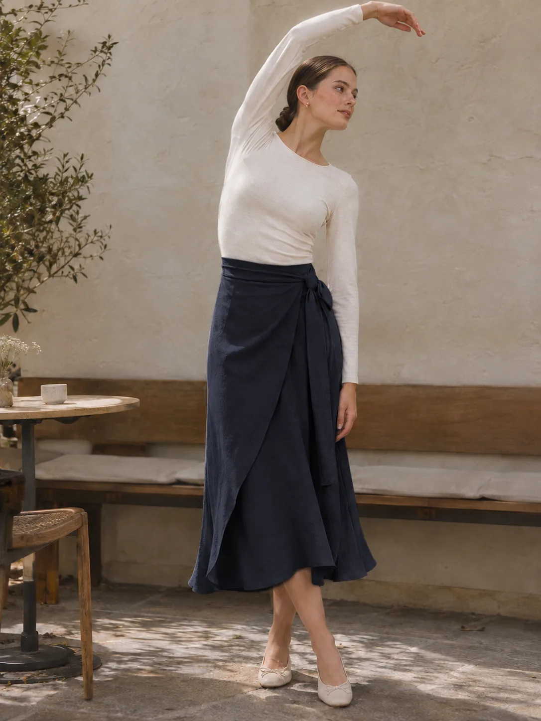 Pirouette Wrap Midi Skirt in Ink — worn