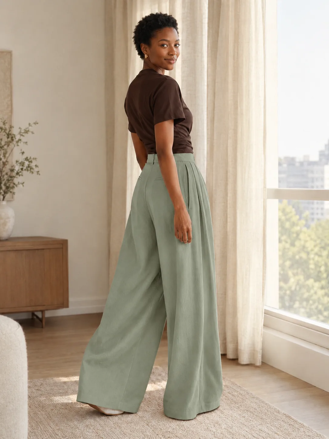 Pleated Palazzo Trouser in Sage — worn