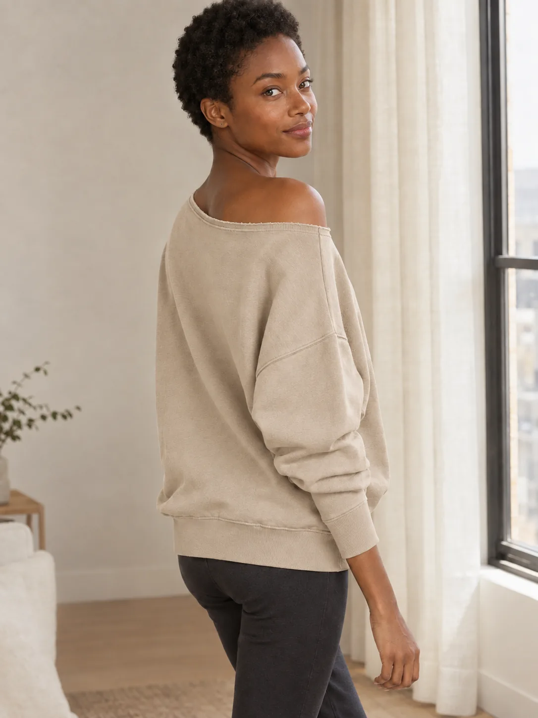 Plié Boat-Neck Sweatshirt in Oat — worn