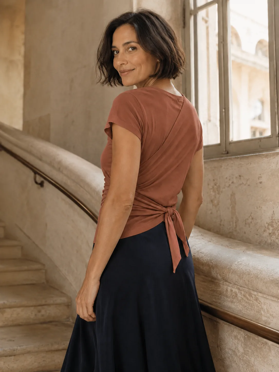 Plié Short-Sleeve Wrap in Clay — worn