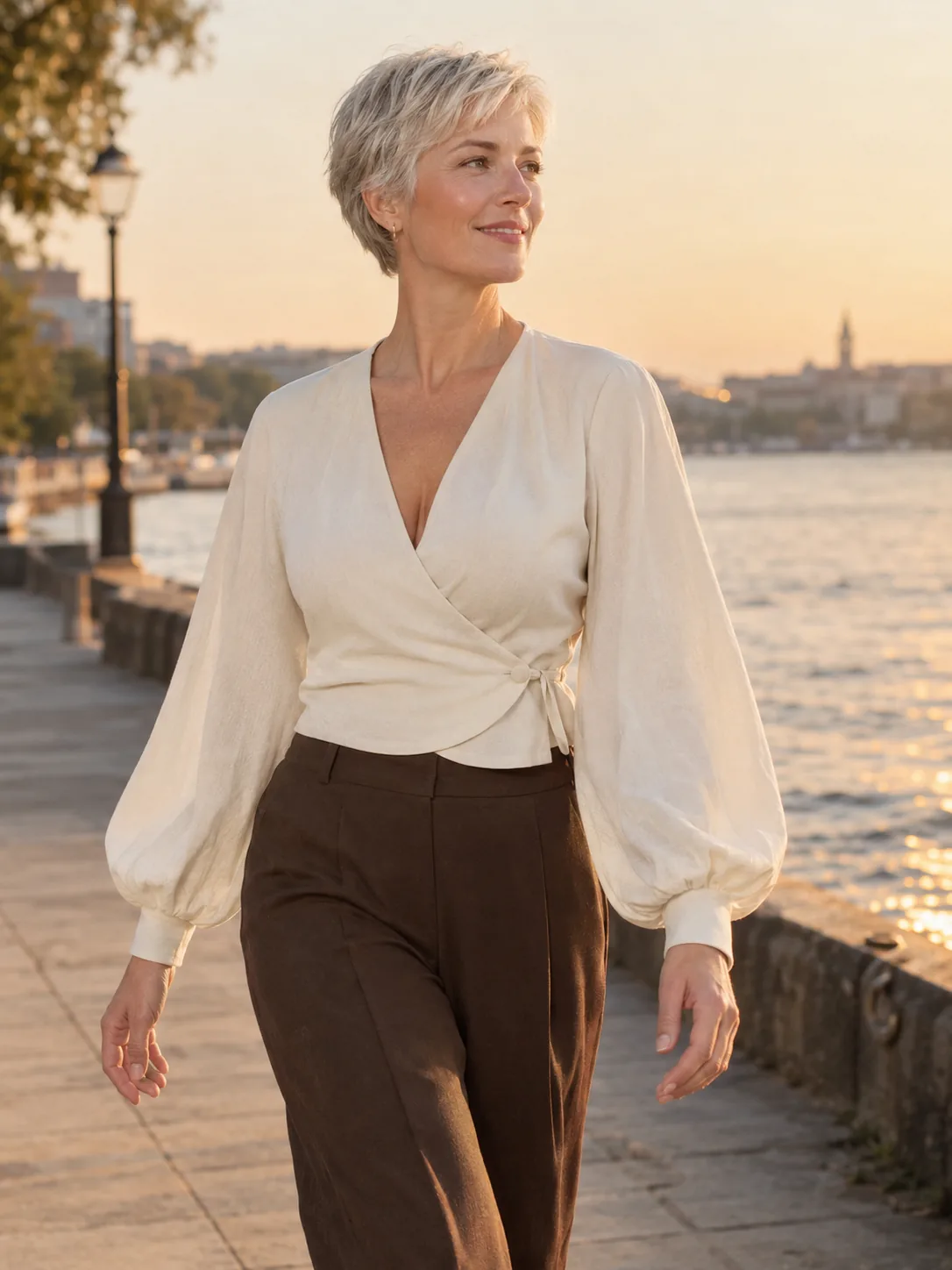 Port de Bras Balloon-Sleeve Wrap in Chalk — worn