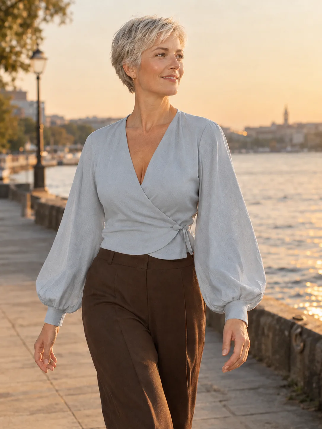 Port de Bras Balloon-Sleeve Wrap in Mist — worn