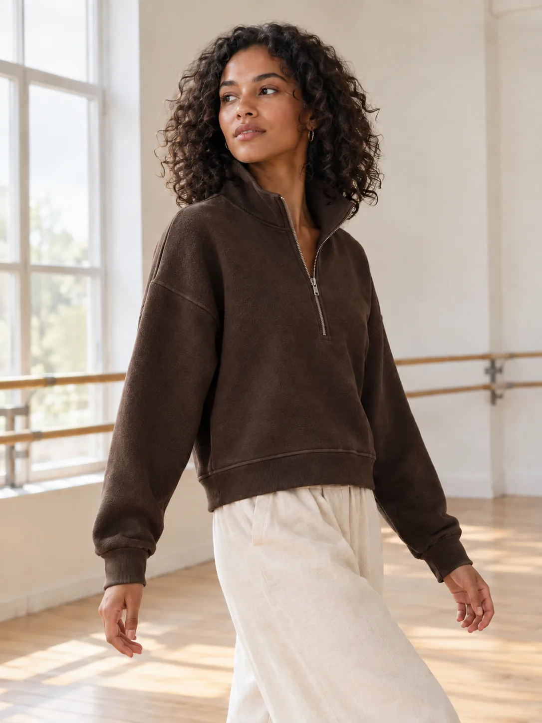 Rehearsal Half-Zip Pullover in Espresso — worn