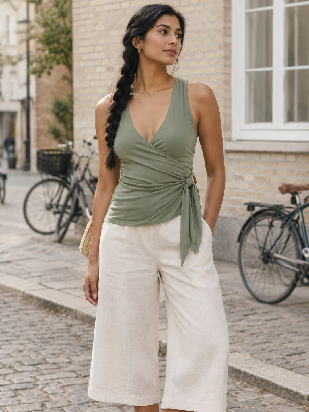 Relevé Sleeveless Wrap in Sage — worn
