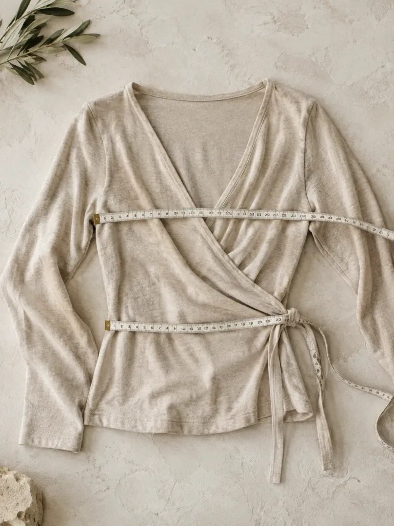 A wrap top laid flat with a tape measure across the chest and waist