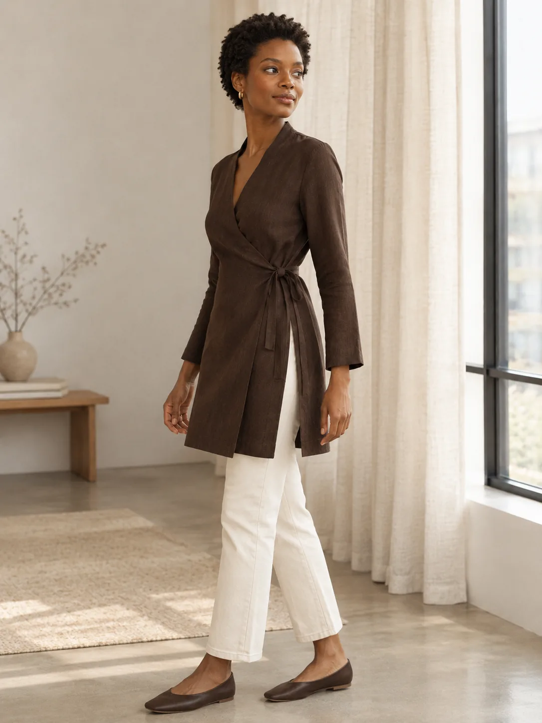 Soutenu Long-Line Wrap Tunic in Espresso — side view