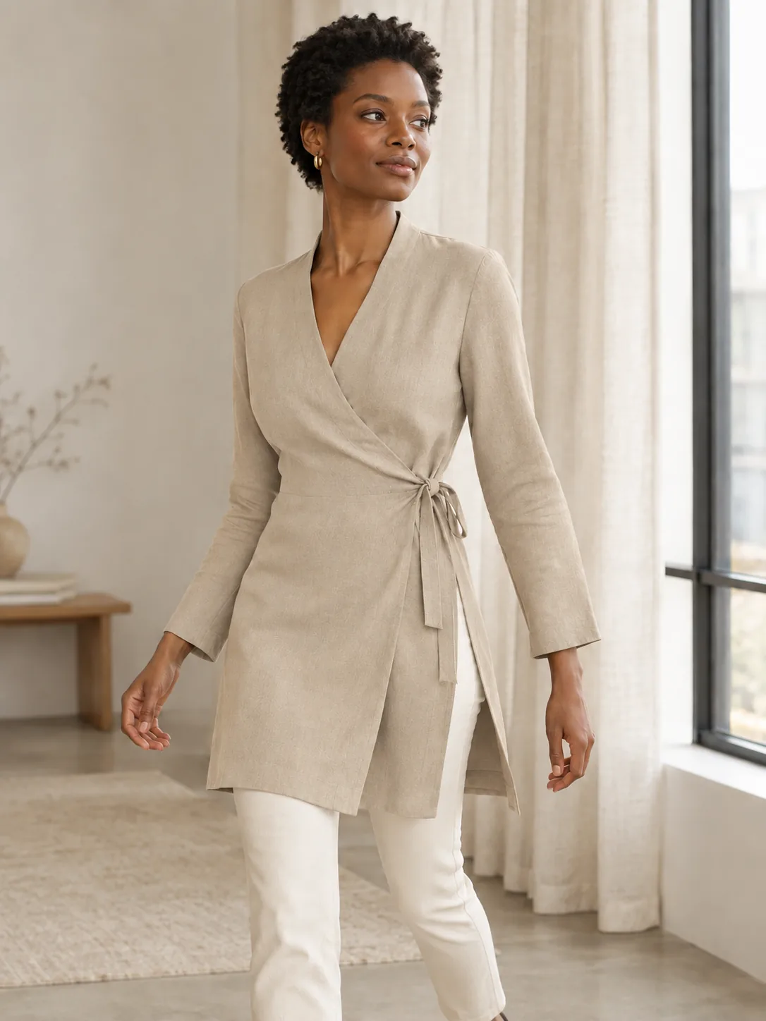 Soutenu Long-Line Wrap Tunic in Oat — worn