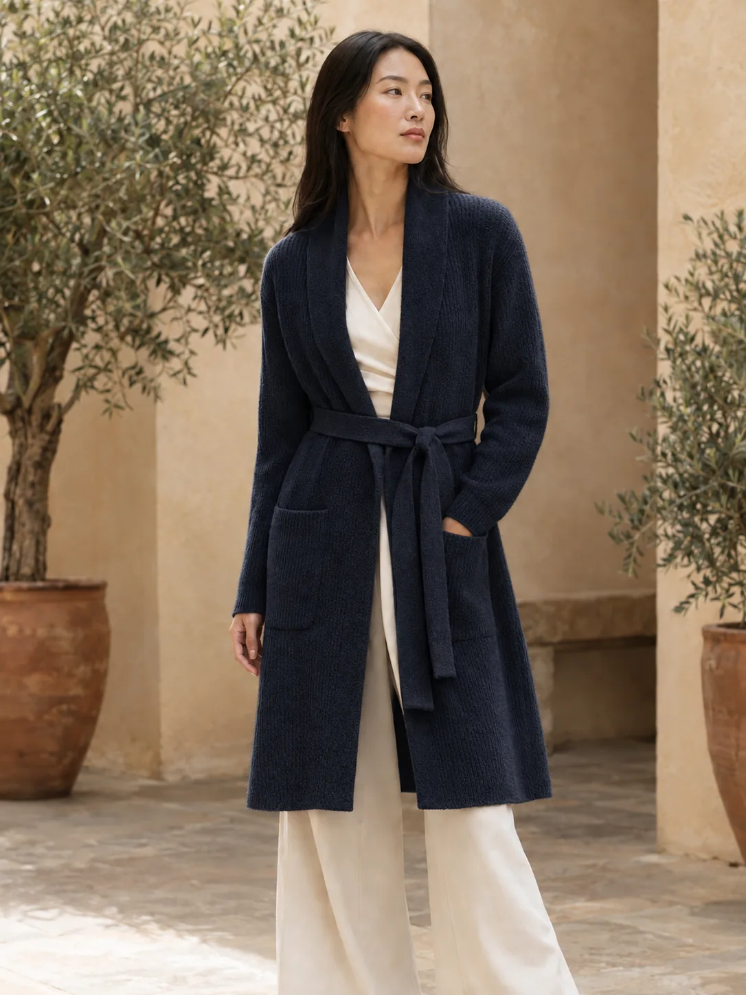 Studio Long Wrap Cardigan in Ink — worn