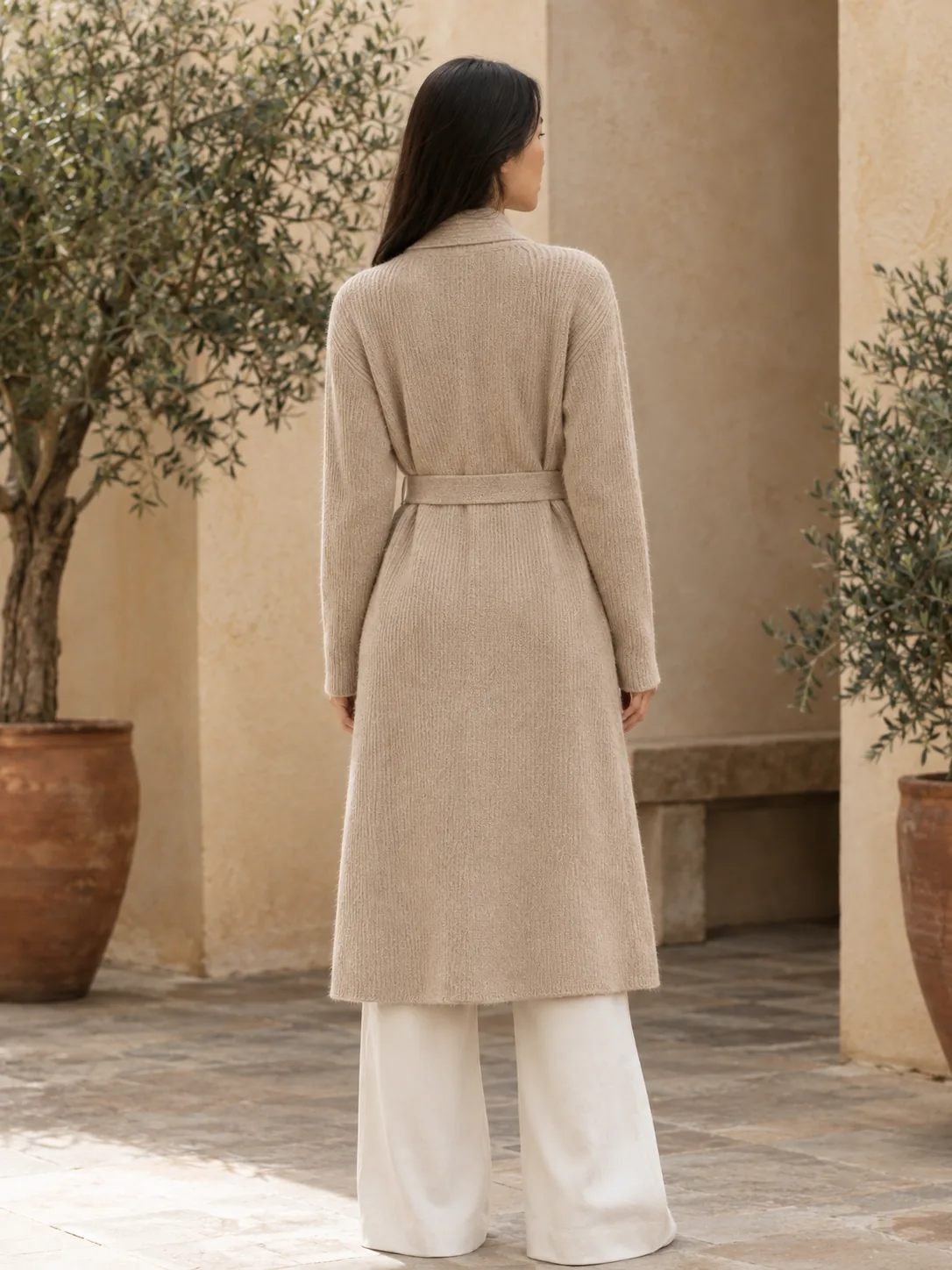 Studio Long Wrap Cardigan in Oat — back view