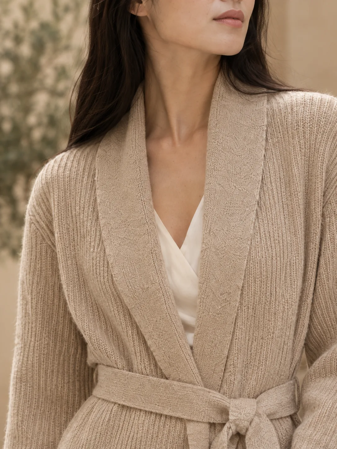 Studio Long Wrap Cardigan in Oat — detail