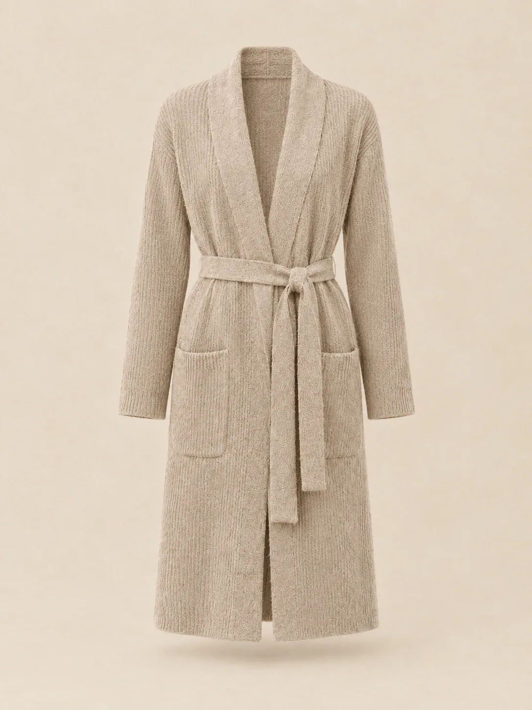 Studio Long Wrap Cardigan in Oat — front view