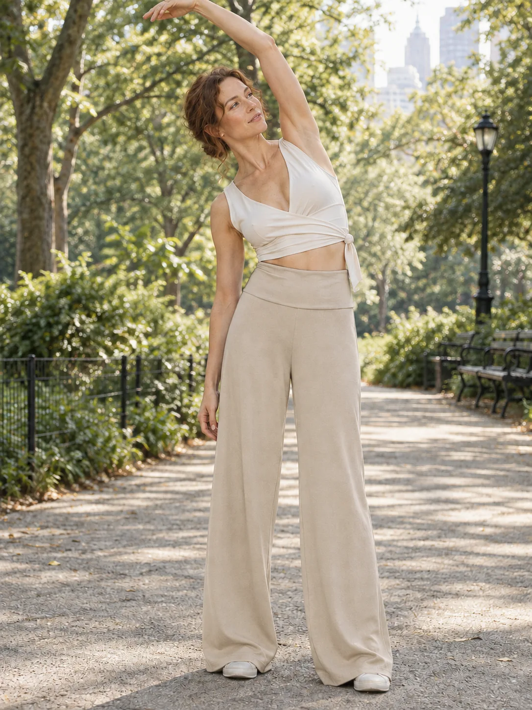 Studio Wide-Leg Trouser in Oat — worn