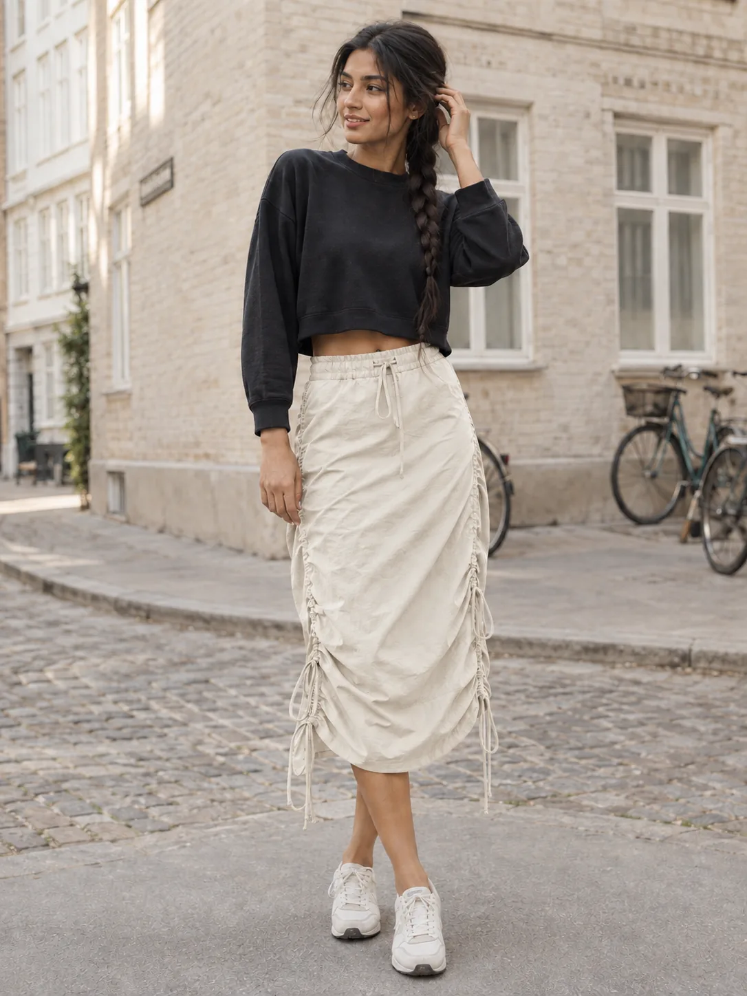 Waltz Ruched Drawstring Skirt in Chalk — worn