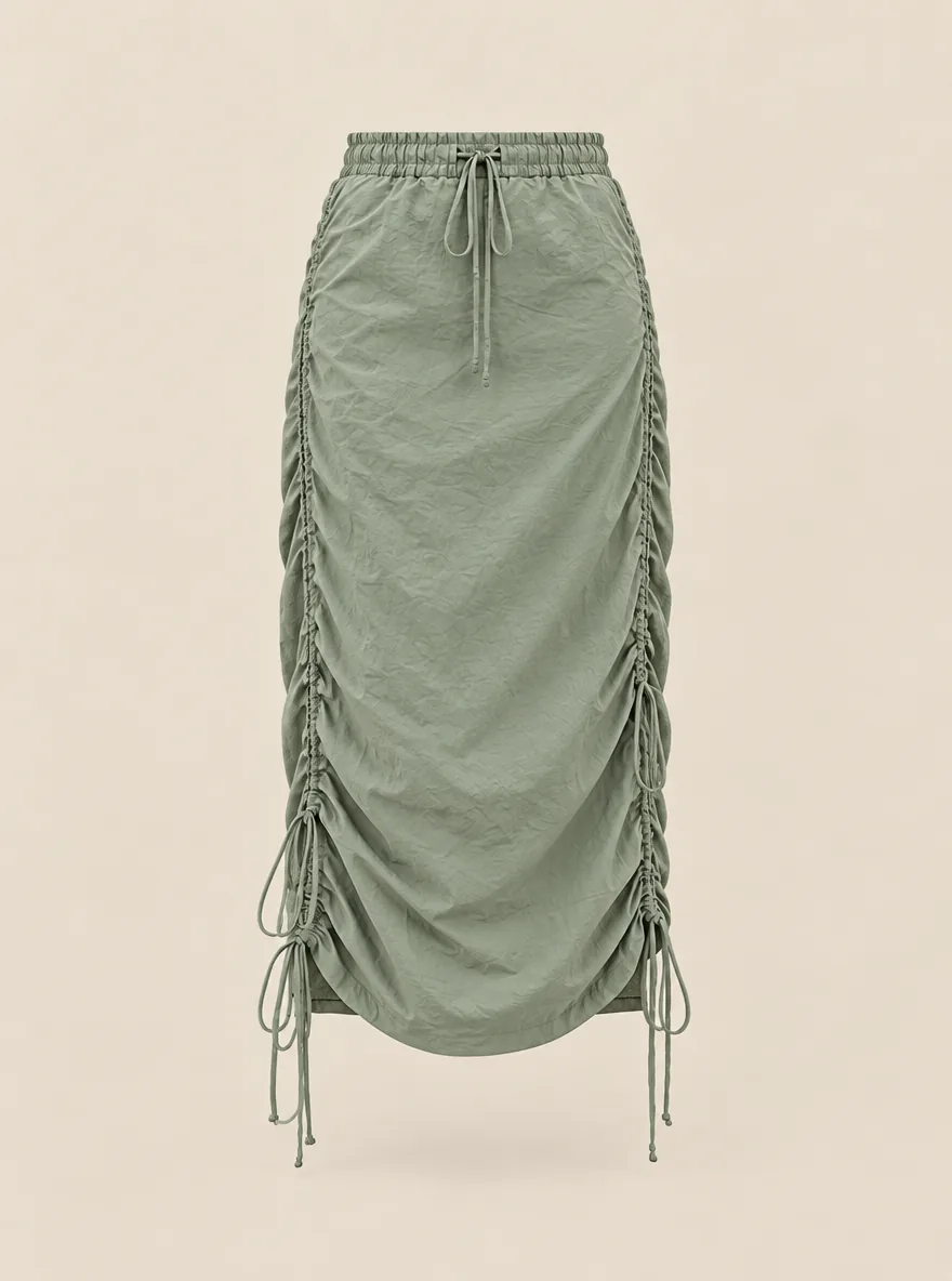 Waltz Ruched Drawstring Skirt in Sage — front view