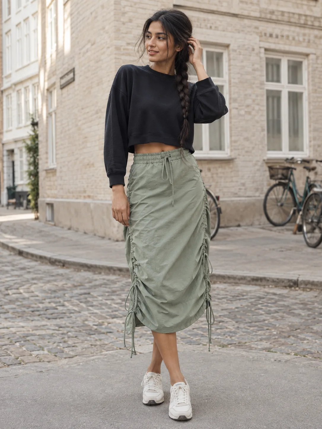 Waltz Ruched Drawstring Skirt in Sage — worn