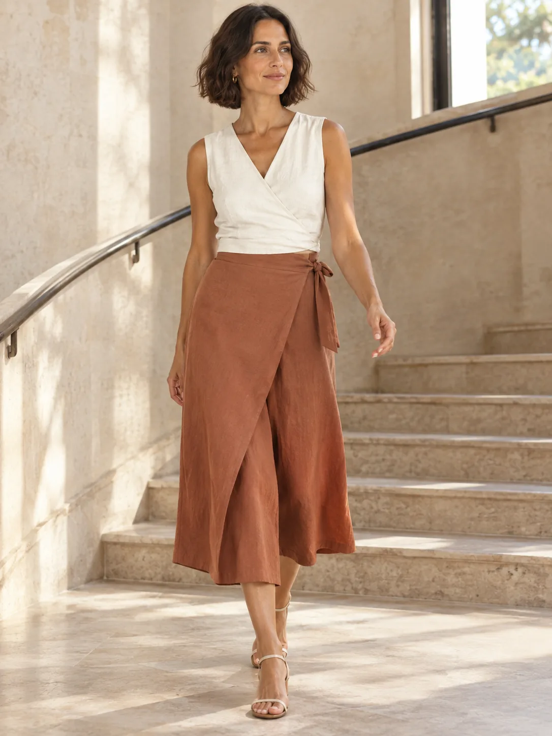 Wrap-Front Culotte in Clay — worn